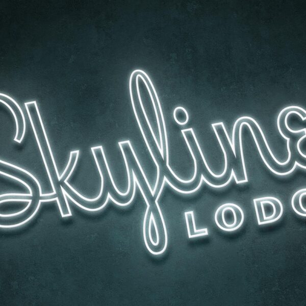 neon sign of Skyline Lodge logo