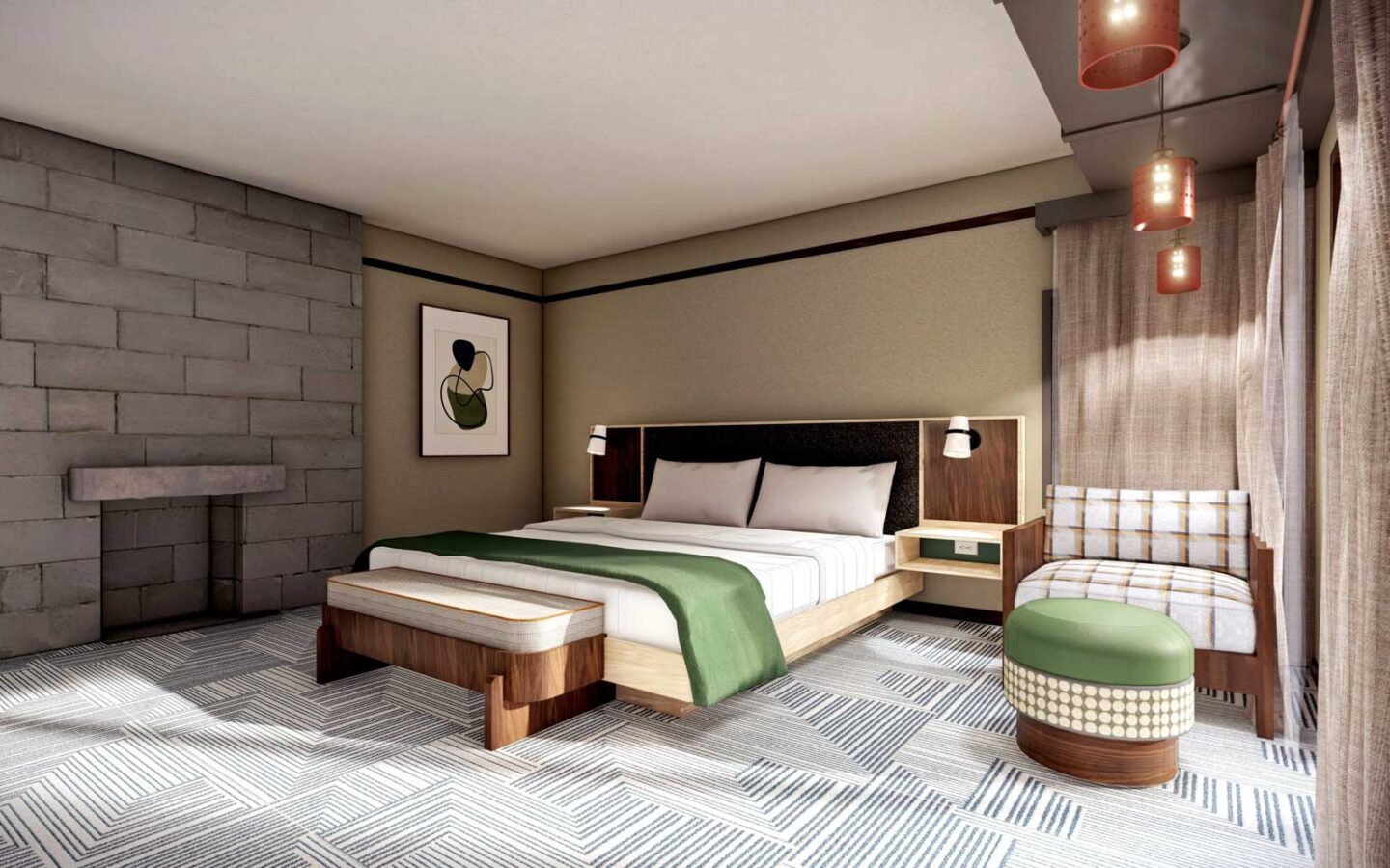 the wright suite rendering with a large bed with a fireplace on the opposing wall