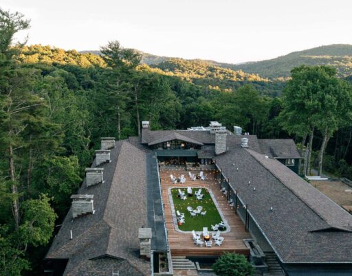 overhead view of Skyline Lodge surrounded by a large forest