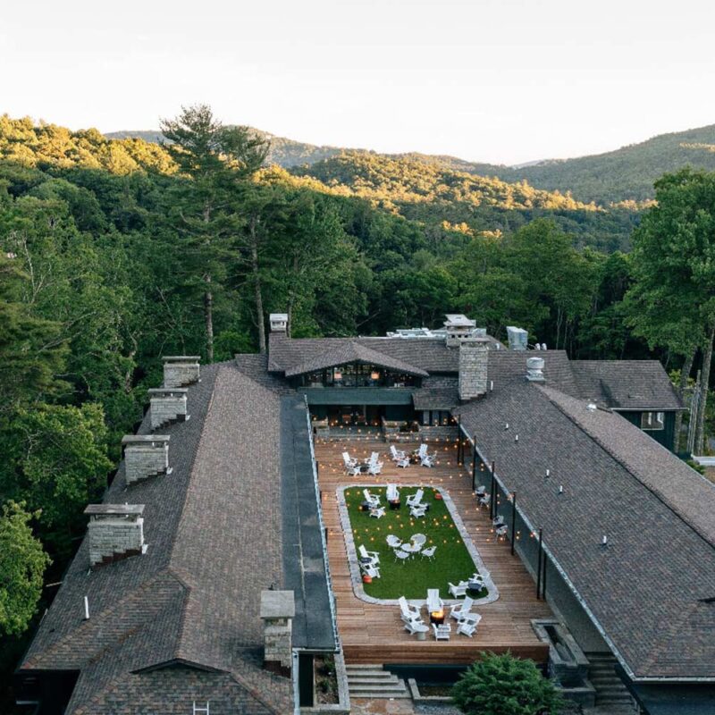 overhead view of Skyline Lodge surrounded by a large forest